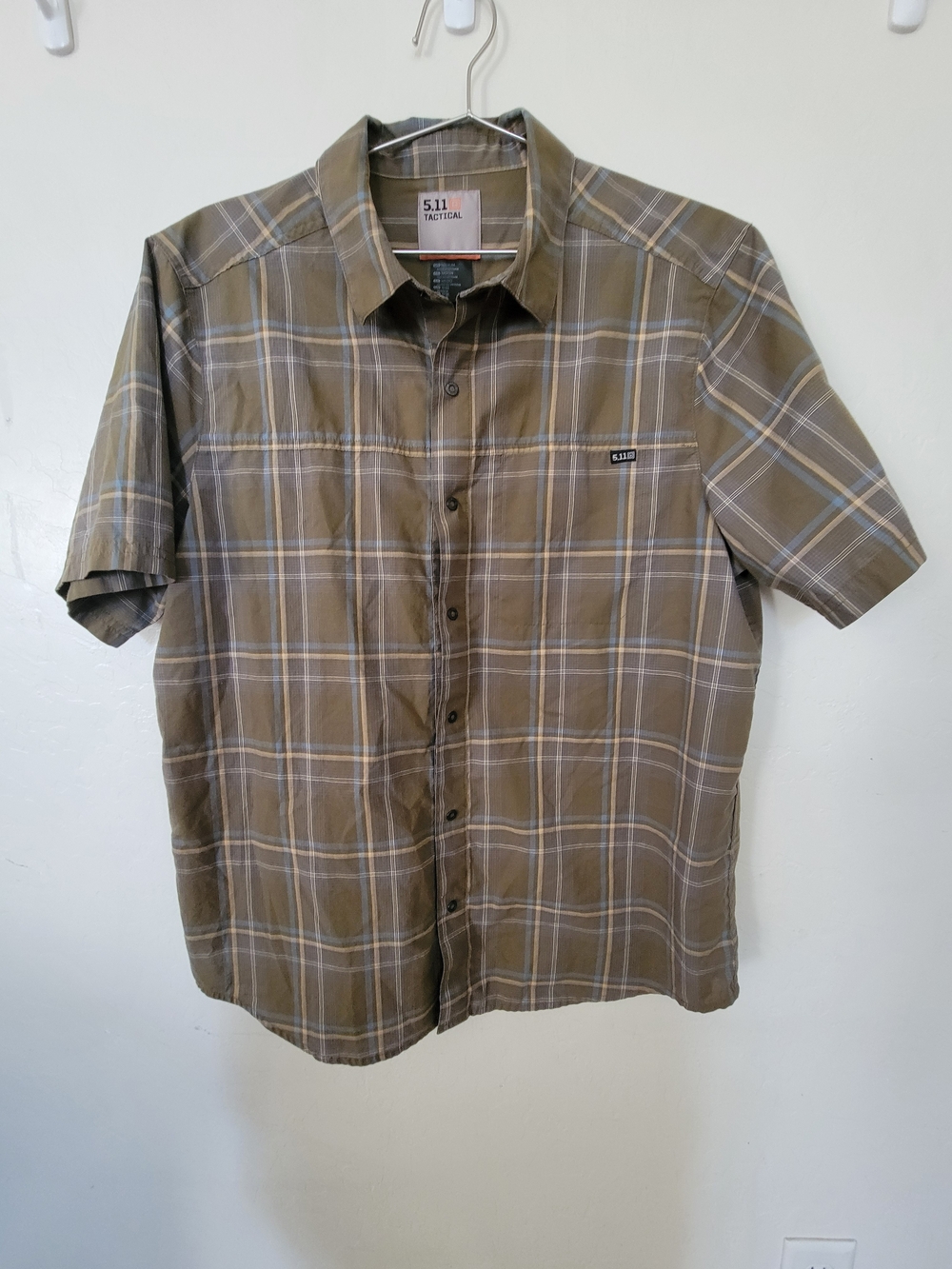 5.11 Tactical Short-Sleeve Plaid Button-Up Shirt in Olive and Tan